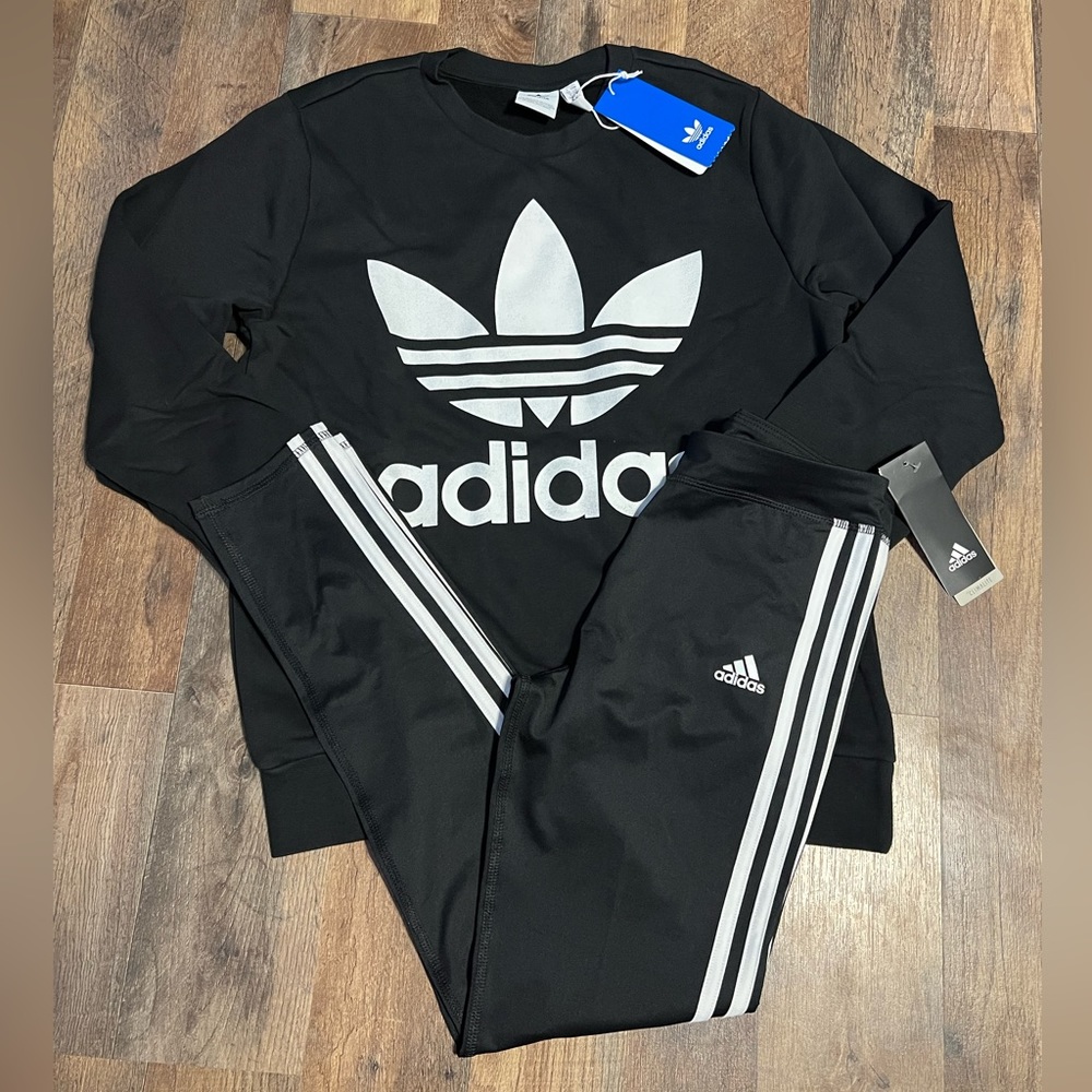 New adidas girls trefoil crew and skinny pants 2pc set size large